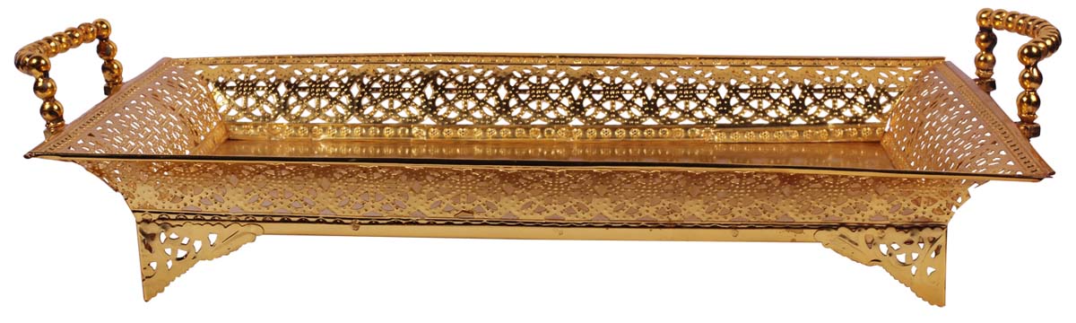 Bulk Wholesale Metal Tray with 17” Decorative Jali-Work & Beaded Handles - Golden Color - Antique-Look Home Decor from India